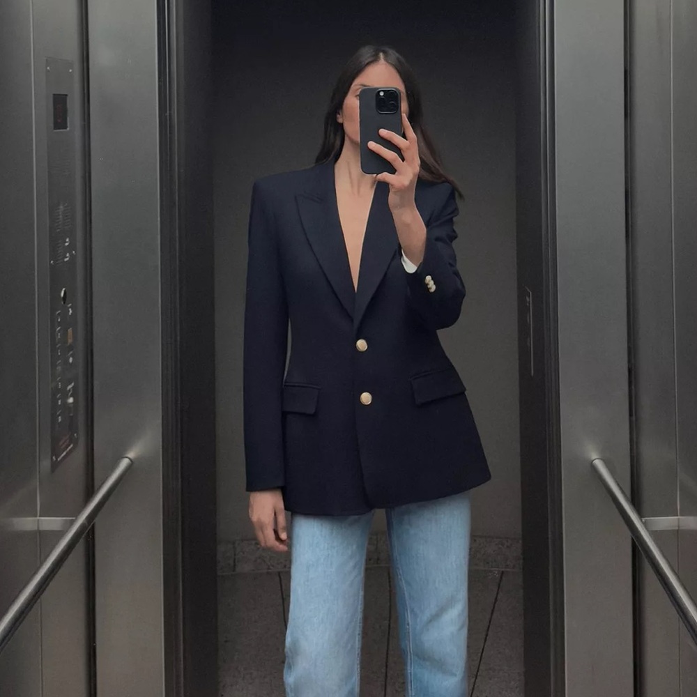 NWT Zara Navy Blue Fitted Shoulder Pad Blazer with Gold Buttons